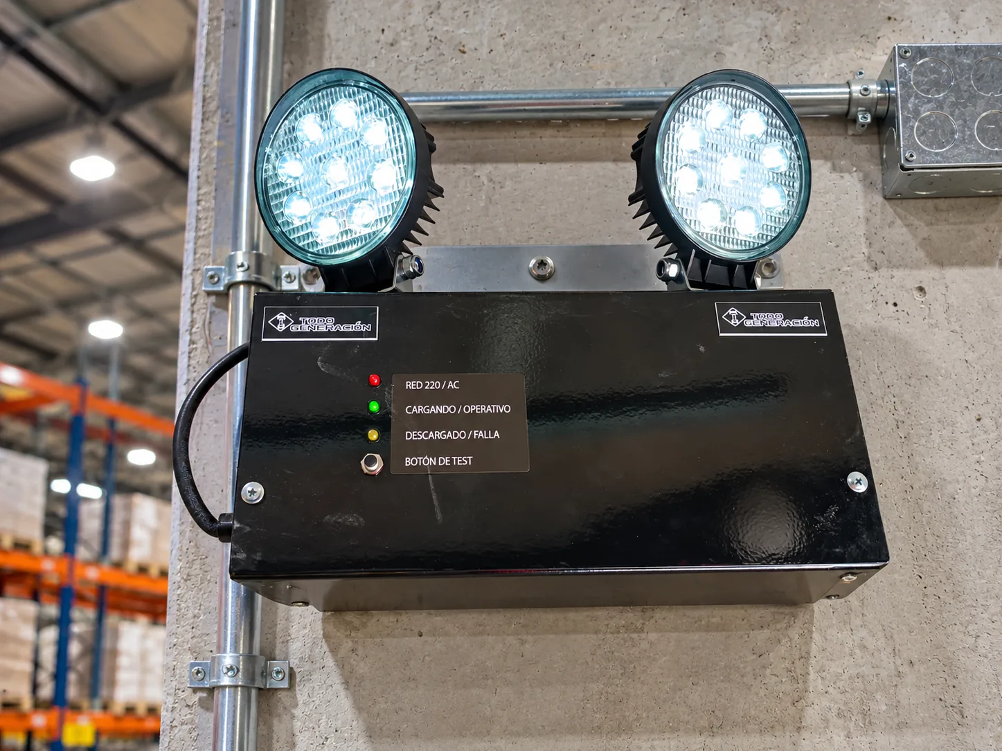 Equipo de iluminación de emergencia LED TodoGeneración instalado en una bodega