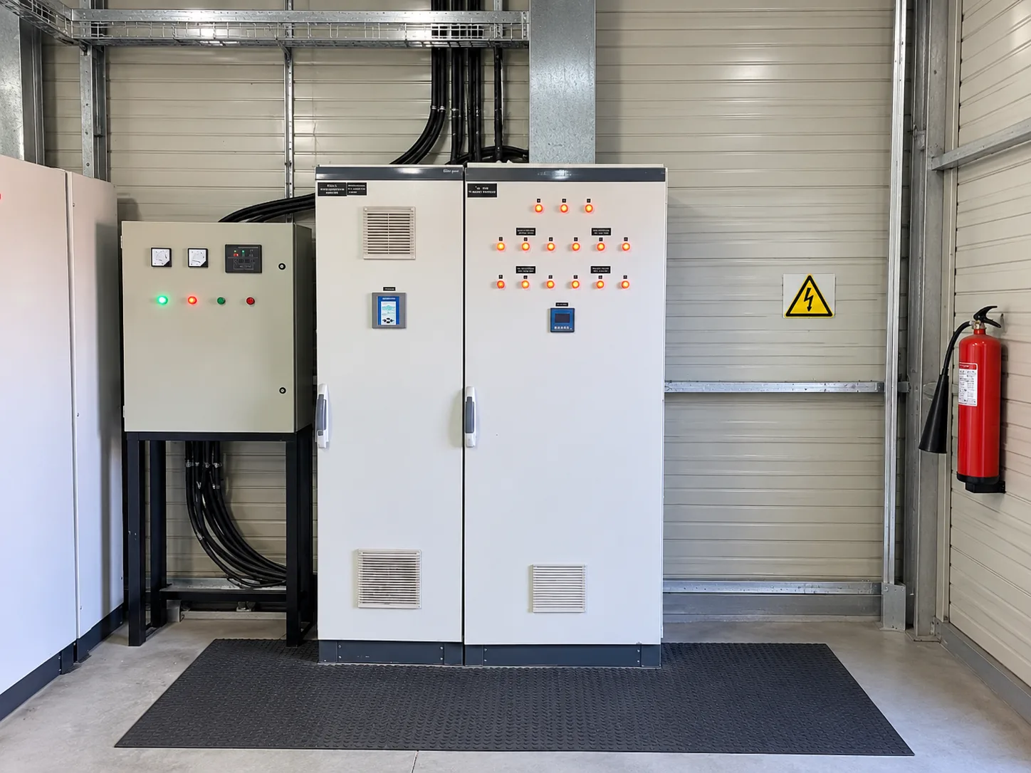 Tableros eléctricos en sala técnica con alfombra dieléctrica, señalética y extintor