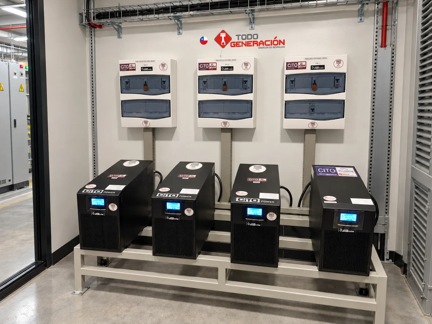 Cuatro UPS sobre rack con sus tableros bypass en una sala técnica