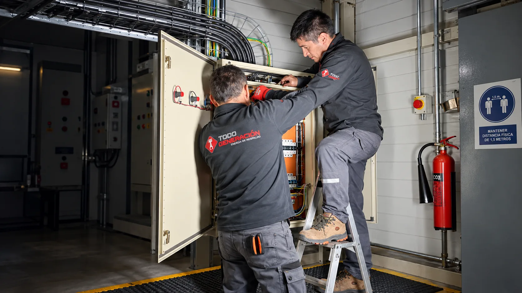 Técnicos de TodoGeneración interviniendo un tablero eléctrico en terreno