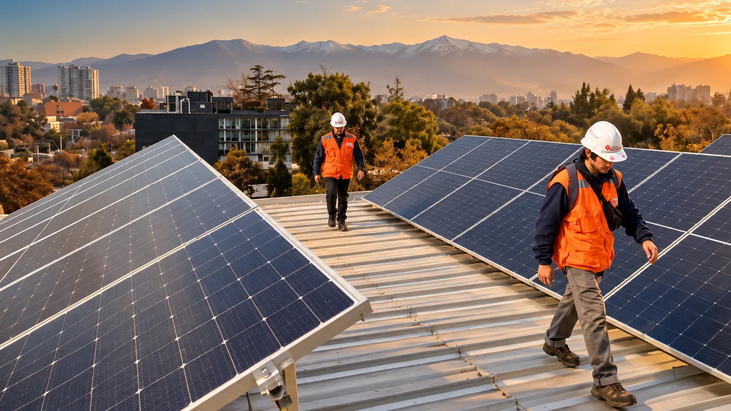 Técnicos de TodoGeneración revisando paneles fotovoltaicos en una techumbre de Santiago al atardecer